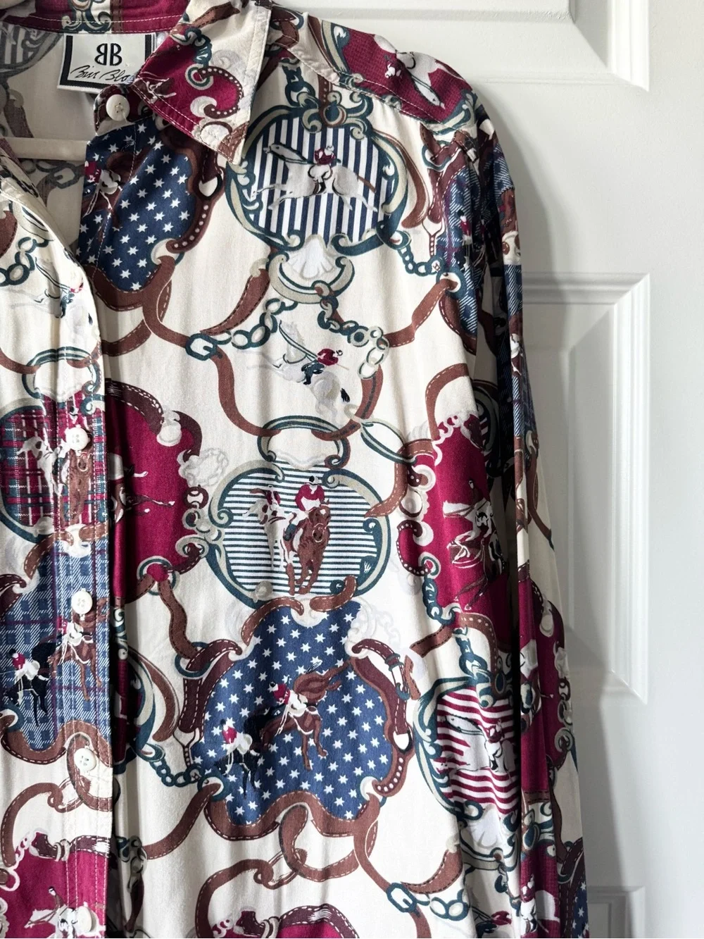Vintage Bill Blass Equestrian Carousel Horse Circus Print Button Down Shirt